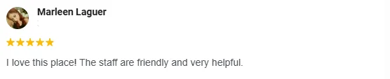 A 5-star Google review of Greenacres Eye Associates praising friendly, helpful staff